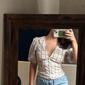 Abercrombie & Fitch Beige Plaid Puff Sleeve Blouse